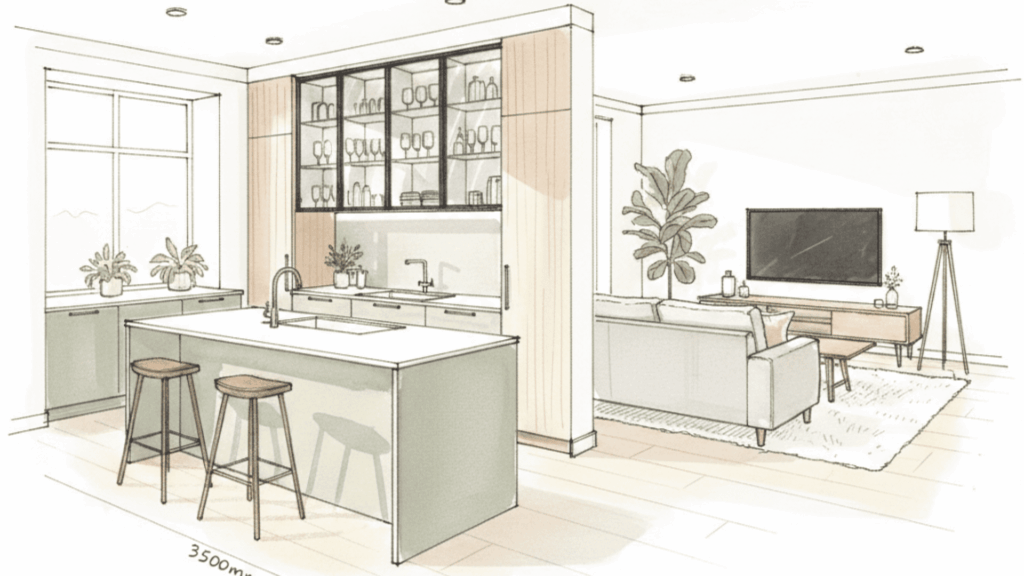 croquis d'une cuisine verte et ouverte sur le salon