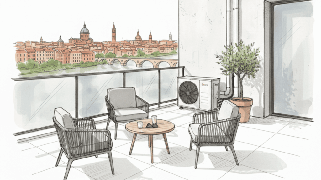 une terrasse en bord de Garonne avec climatisation apparente